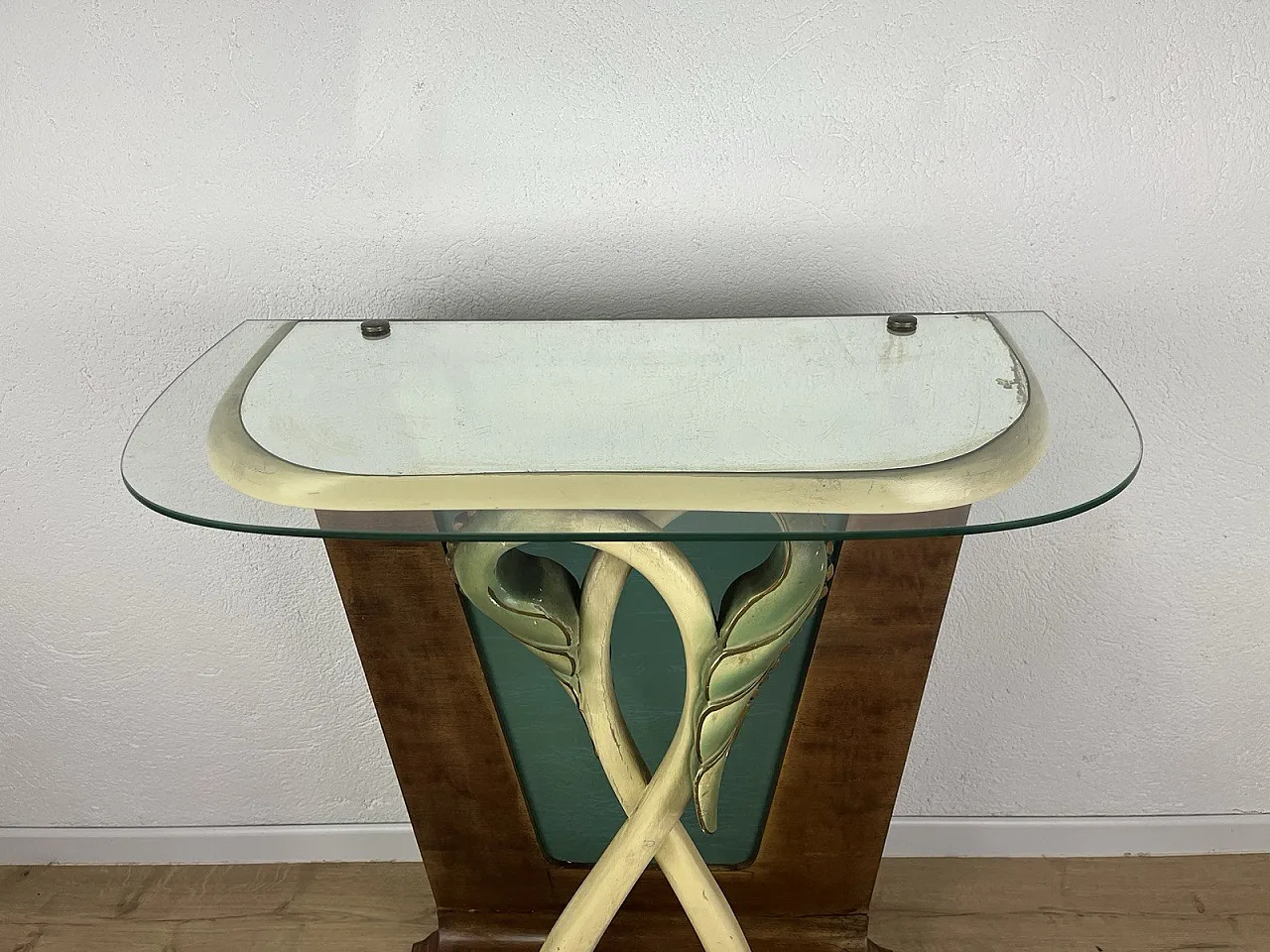 Leaf glass wooden console, 1940s 4