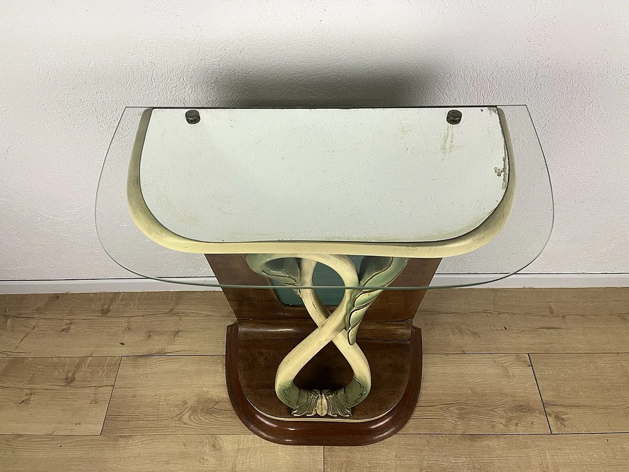 Leaf glass wooden console, 1940s 12