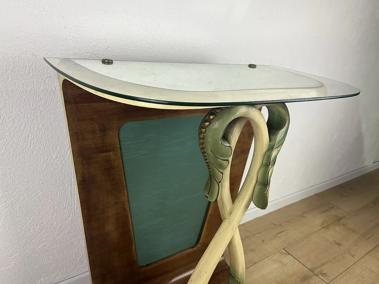 Leaf glass wooden console, 1940s 14