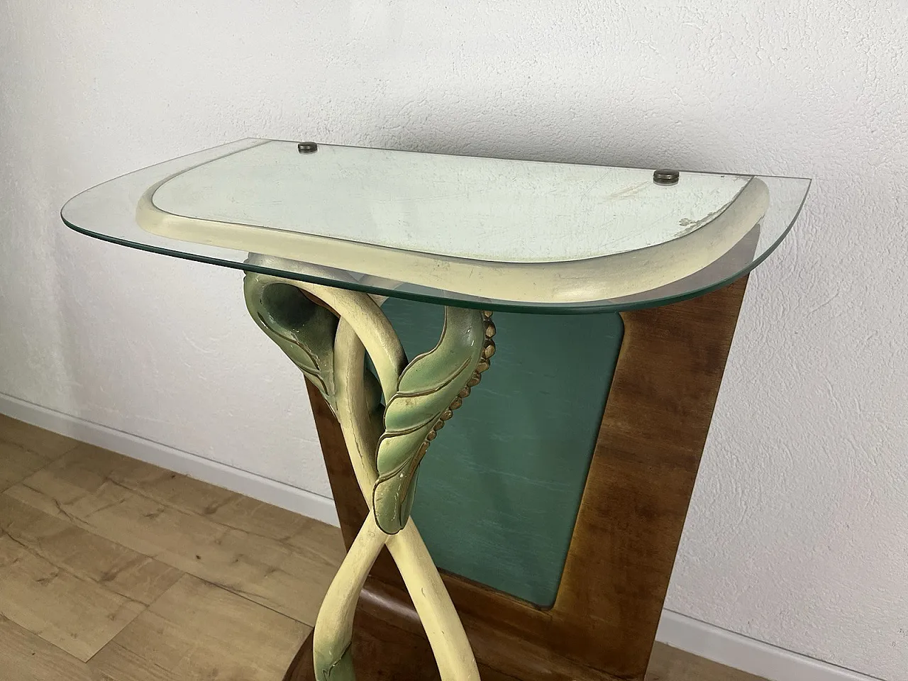 Leaf glass wooden console, 1940s 15