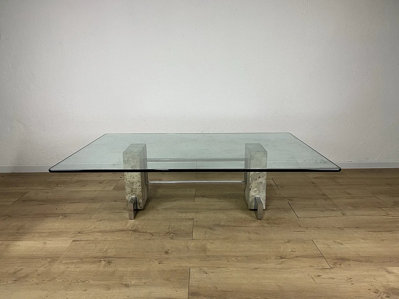 Coffee table in steel, travertine and glass, 1970s 1