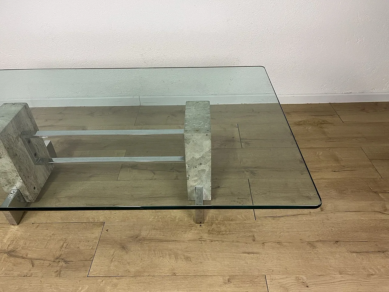 Coffee table in steel, travertine and glass, 1970s 3