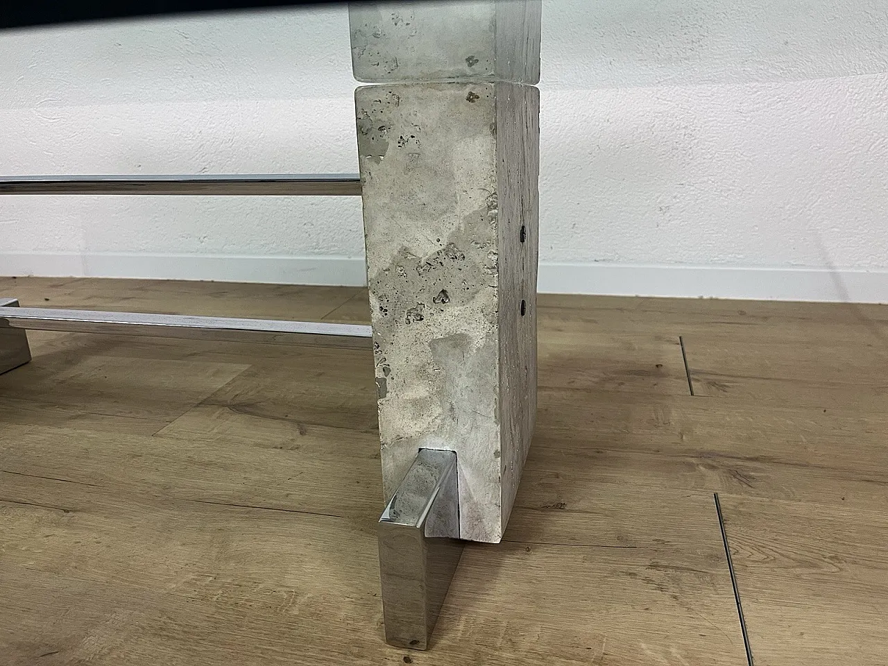 Coffee table in steel, travertine and glass, 1970s 4