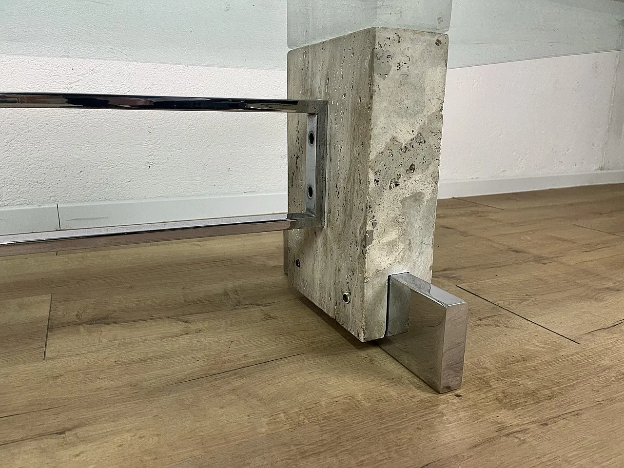 Coffee table in steel, travertine and glass, 1970s 5