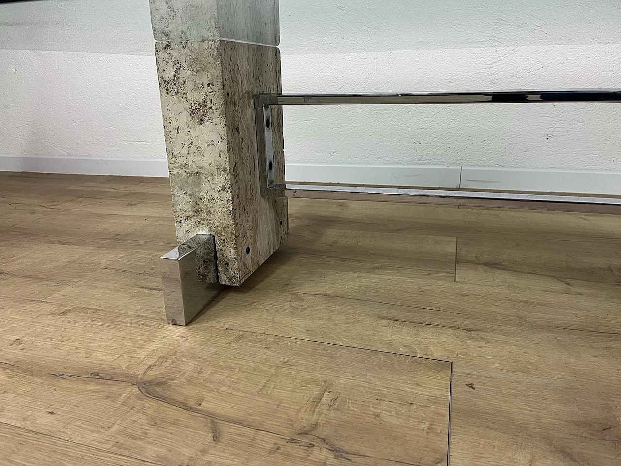 Coffee table in steel, travertine and glass, 1970s 6