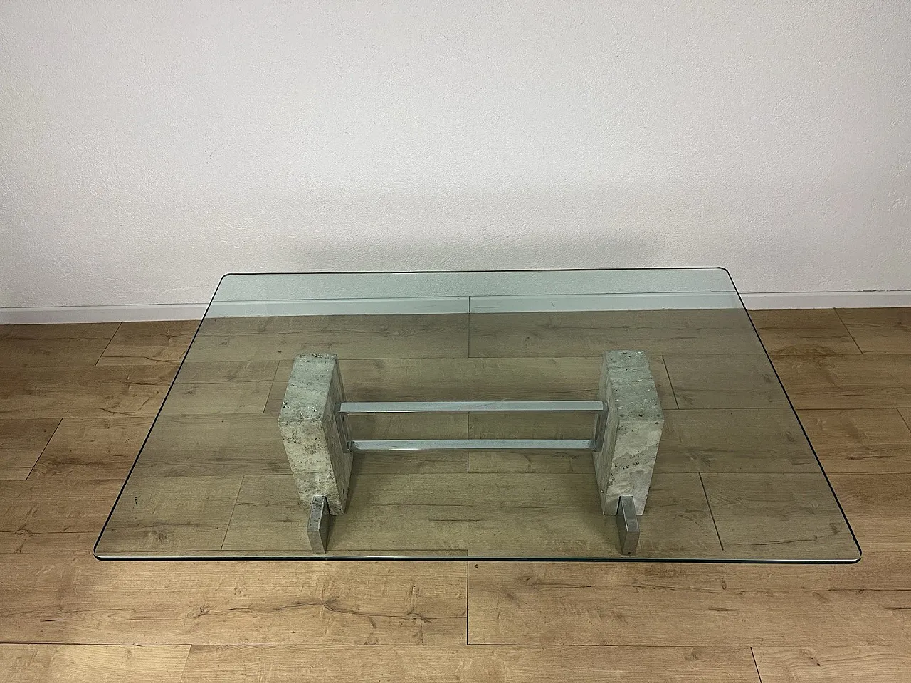Coffee table in steel, travertine and glass, 1970s 7