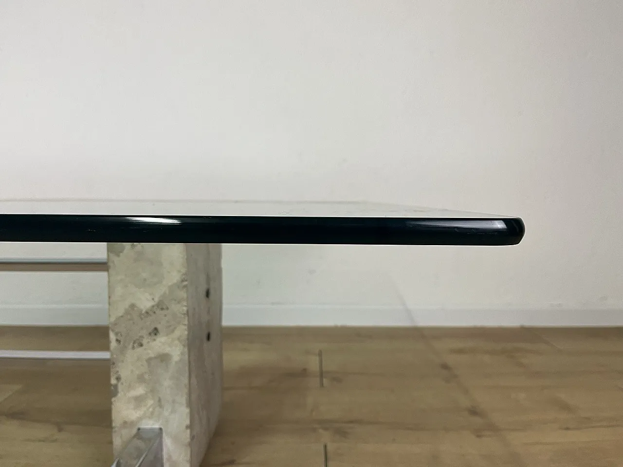 Coffee table in steel, travertine and glass, 1970s 8