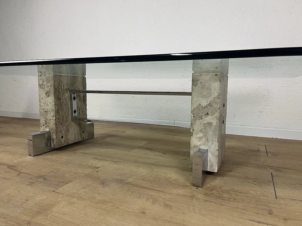 Coffee table in steel, travertine and glass, 1970s 10