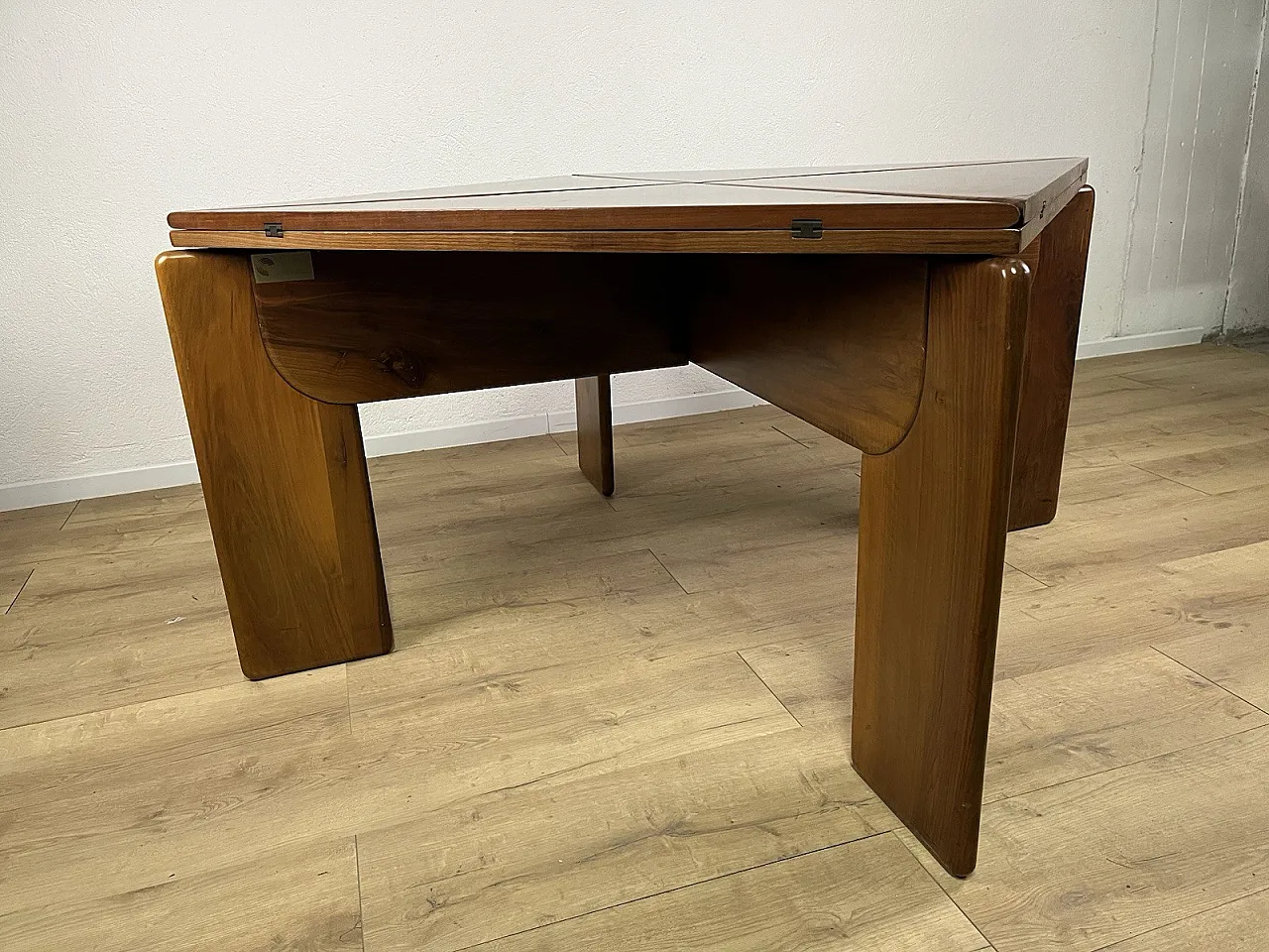 Catalan walnut wood square opening table, 1960s 9