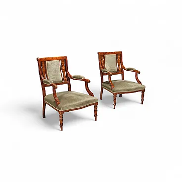 Coppia di poltrone in mogano e acero con intarsi, fine '800