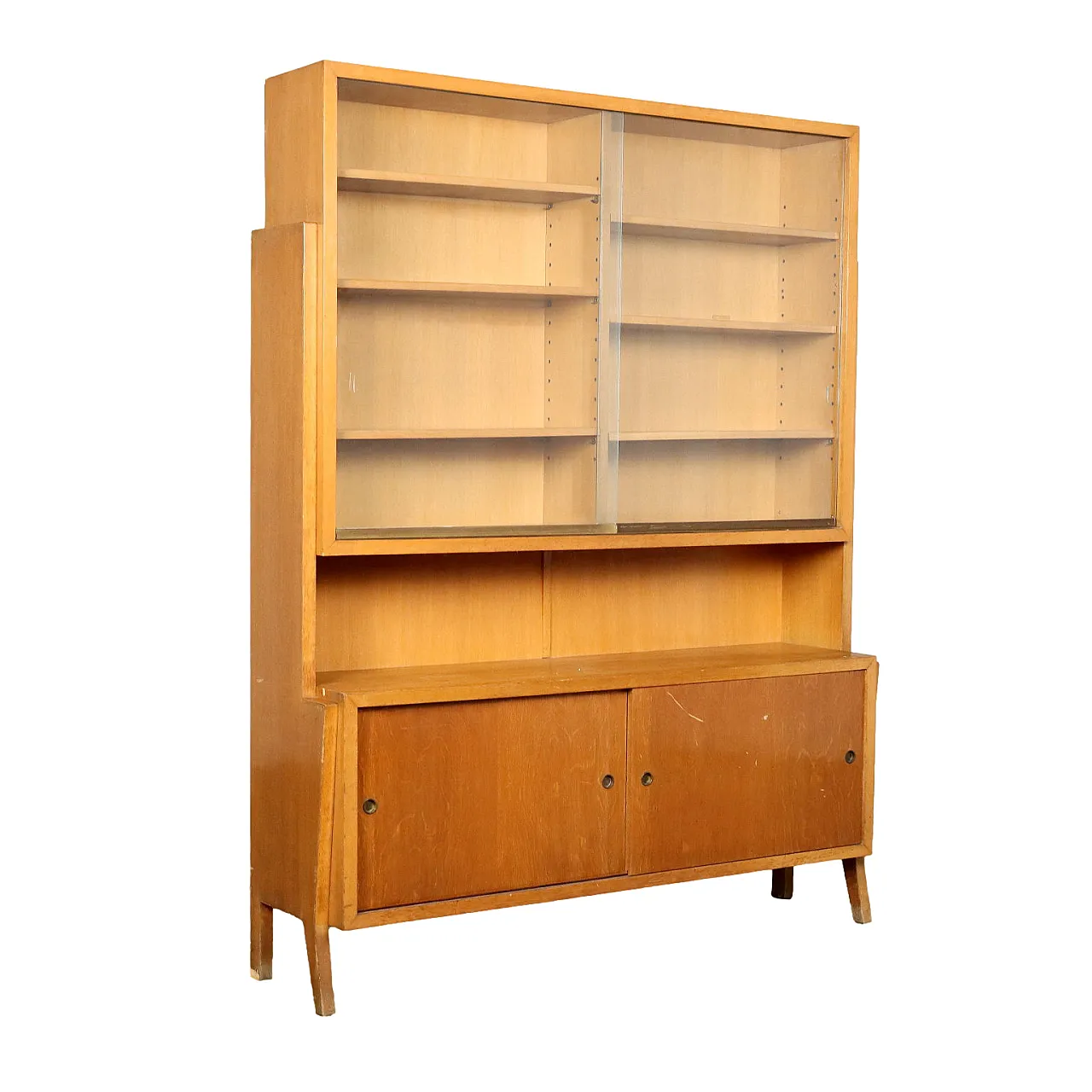 Wooden bookcase with glass sliding doors and storage cabinet, 1950s 1