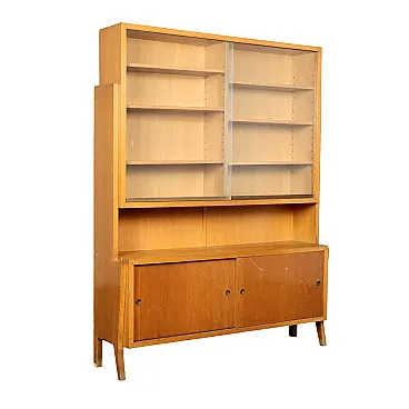 Wooden bookcase with glass sliding doors and storage cabinet, 1950s