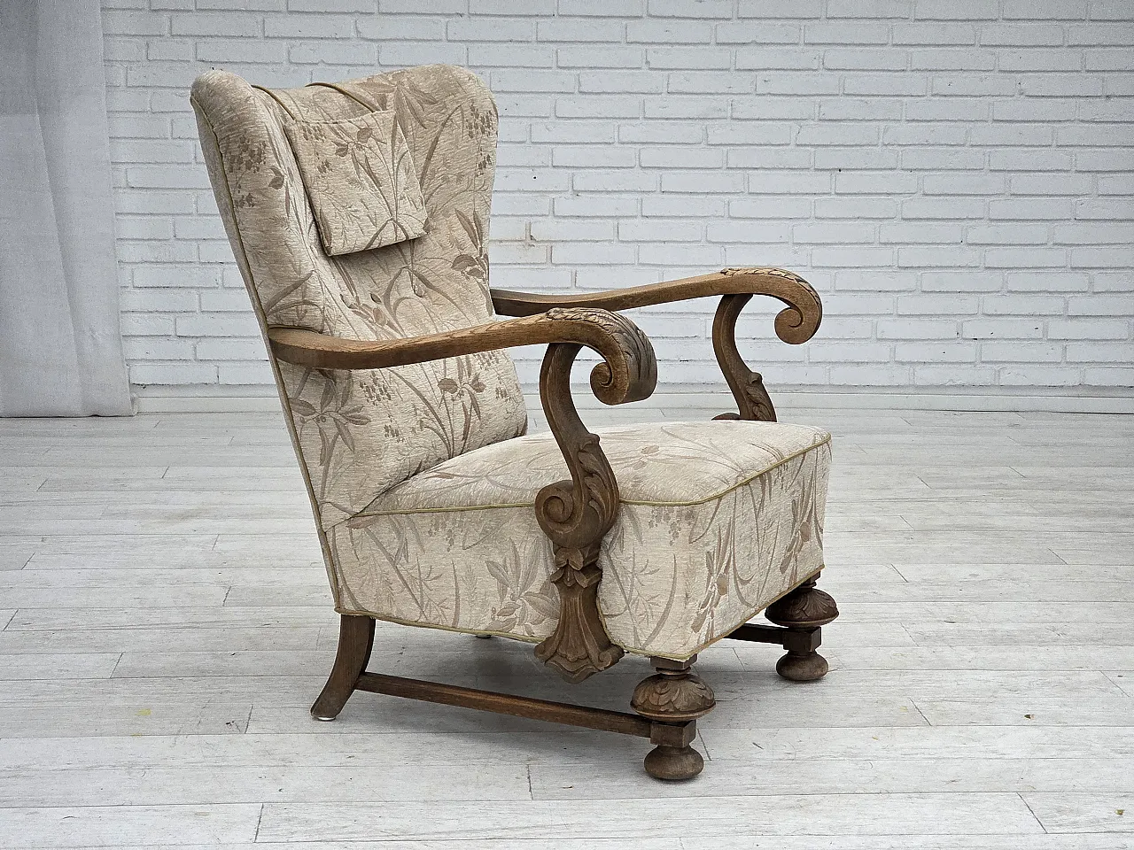 Poltrona danese beige/marrone, legno di rovere, anni '60 1