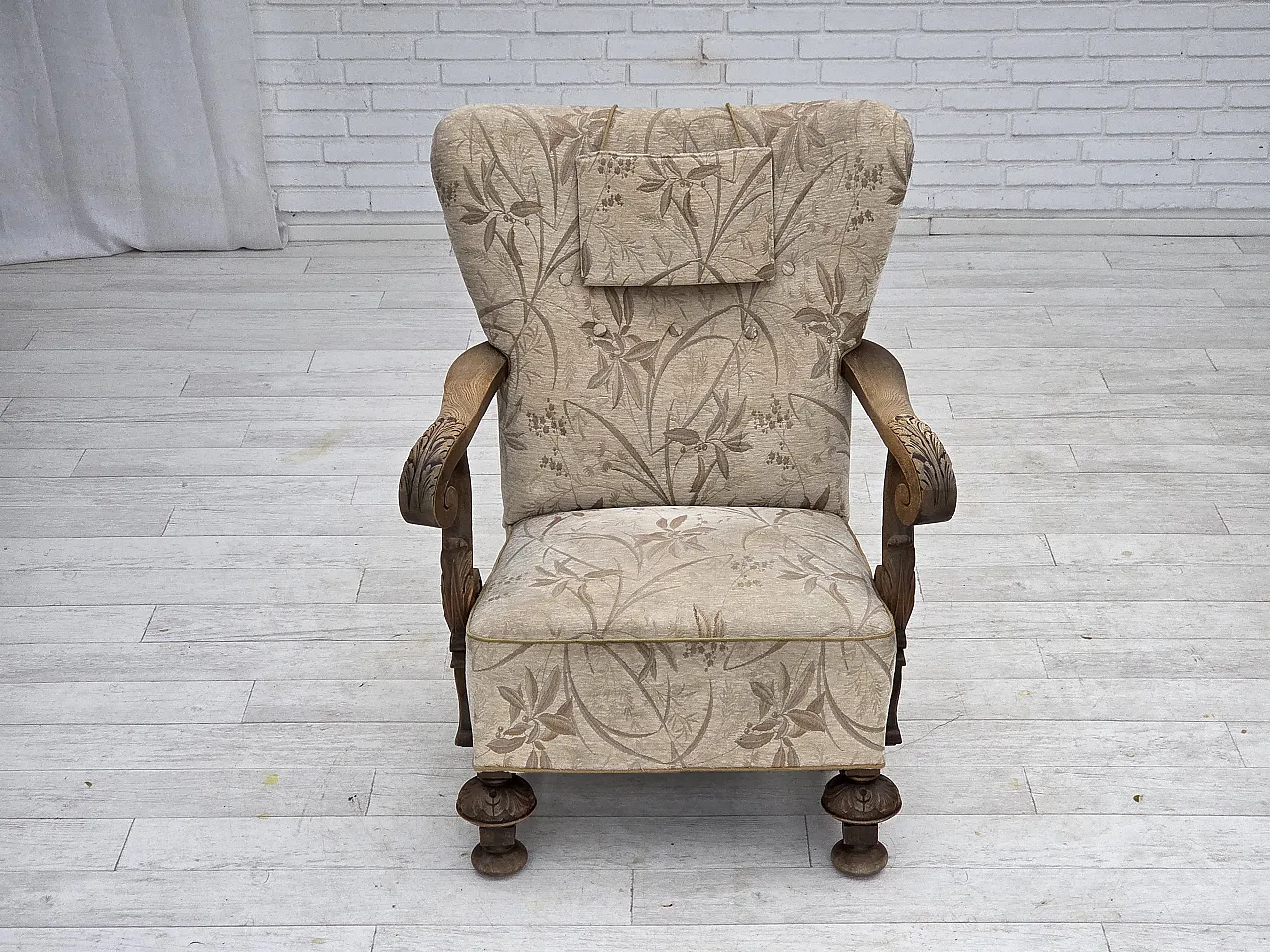 Poltrona danese beige/marrone, legno di rovere, anni '60 8