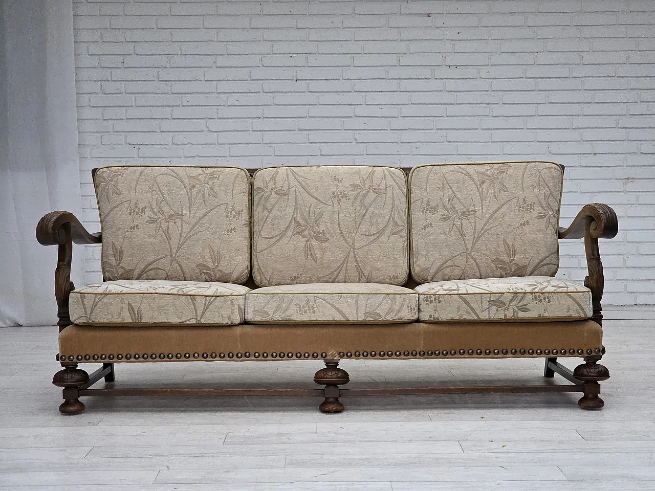 Danish 3-seater sofa, fabric, carved oak wood, 1960s 1