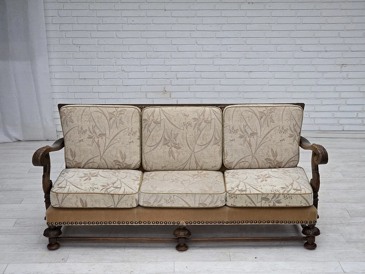 Danish 3-seater sofa, fabric, carved oak wood, 1960s 2