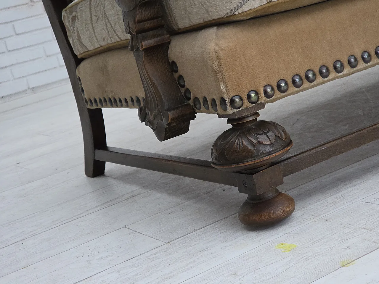 Danish 3-seater sofa, fabric, carved oak wood, 1960s 3