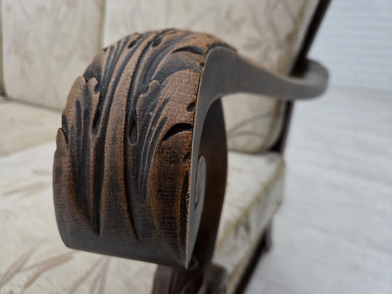 Danish 3-seater sofa, fabric, carved oak wood, 1960s 5