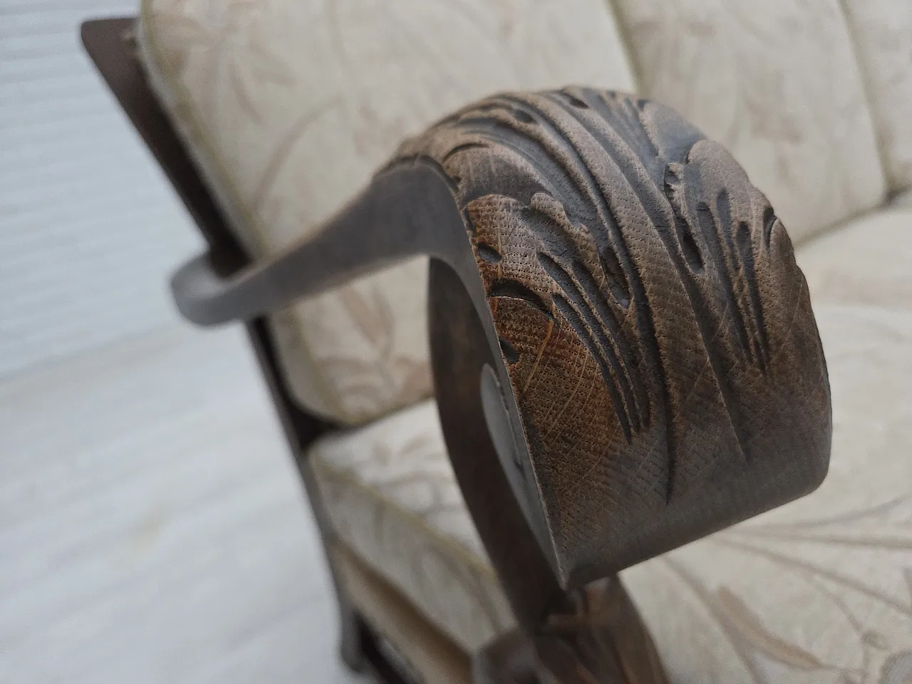 Danish 3-seater sofa, fabric, carved oak wood, 1960s 6