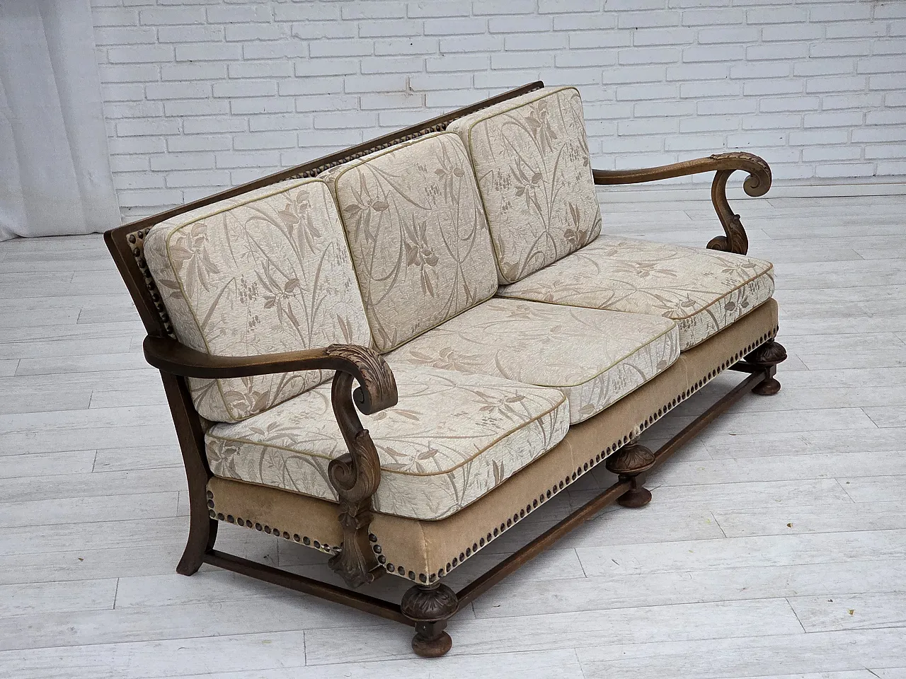 Danish 3-seater sofa, fabric, carved oak wood, 1960s 8