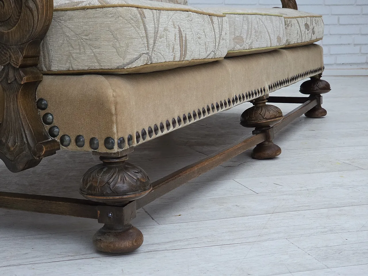 Danish 3-seater sofa, fabric, carved oak wood, 1960s 9