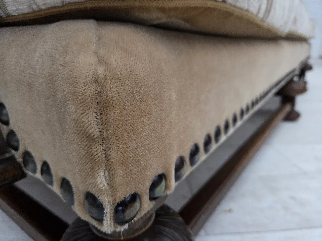 Danish 3-seater sofa, fabric, carved oak wood, 1960s 11