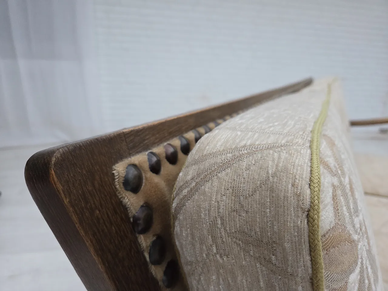 Danish 3-seater sofa, fabric, carved oak wood, 1960s 12