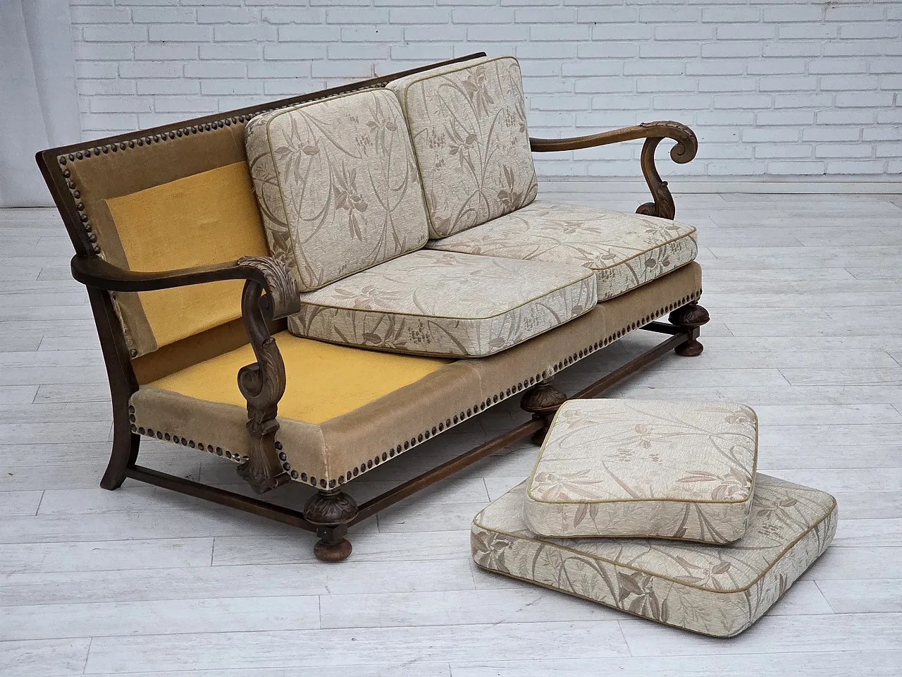 Danish 3-seater sofa, fabric, carved oak wood, 1960s 13