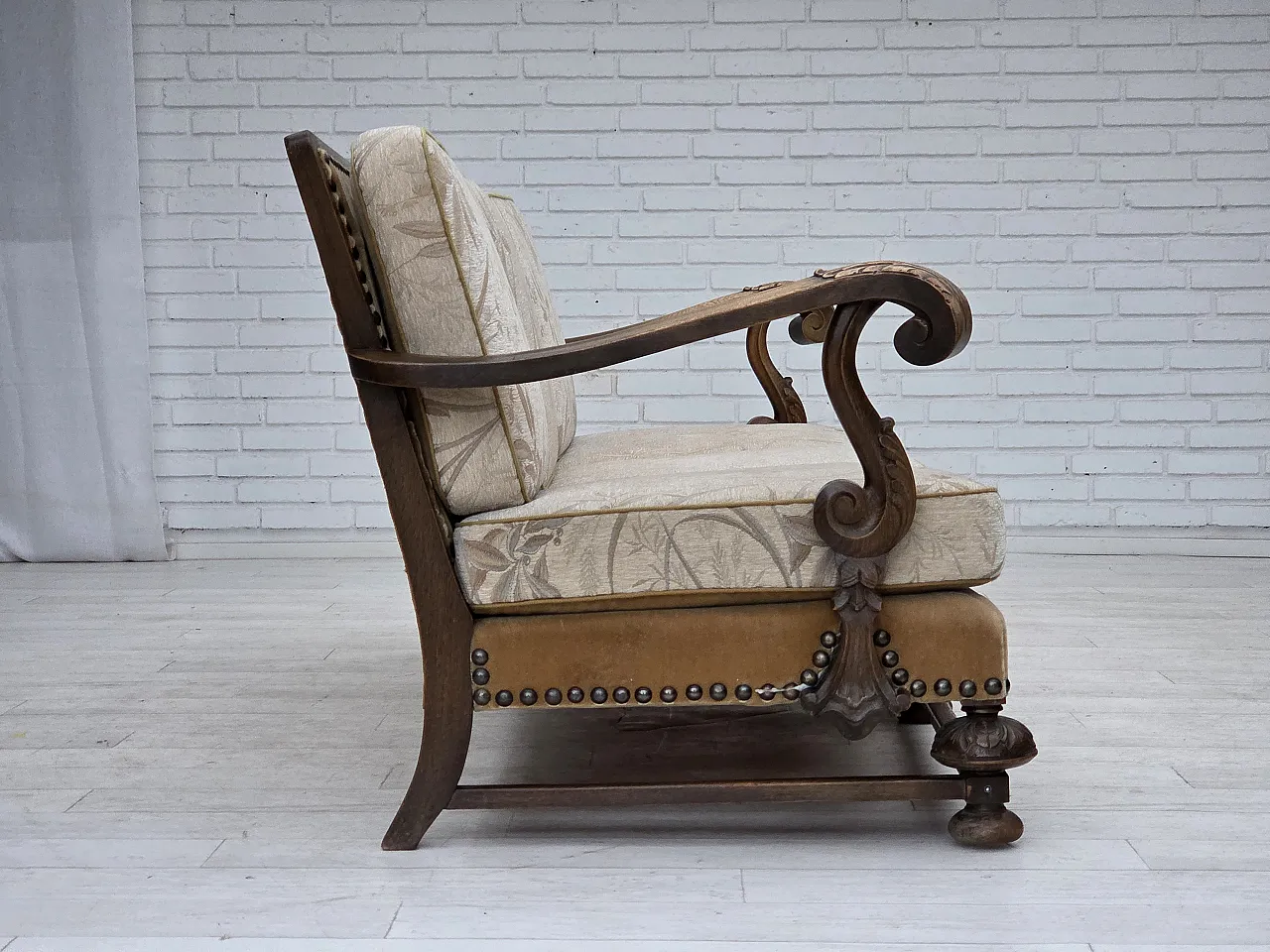 Danish 3-seater sofa, fabric, carved oak wood, 1960s 14