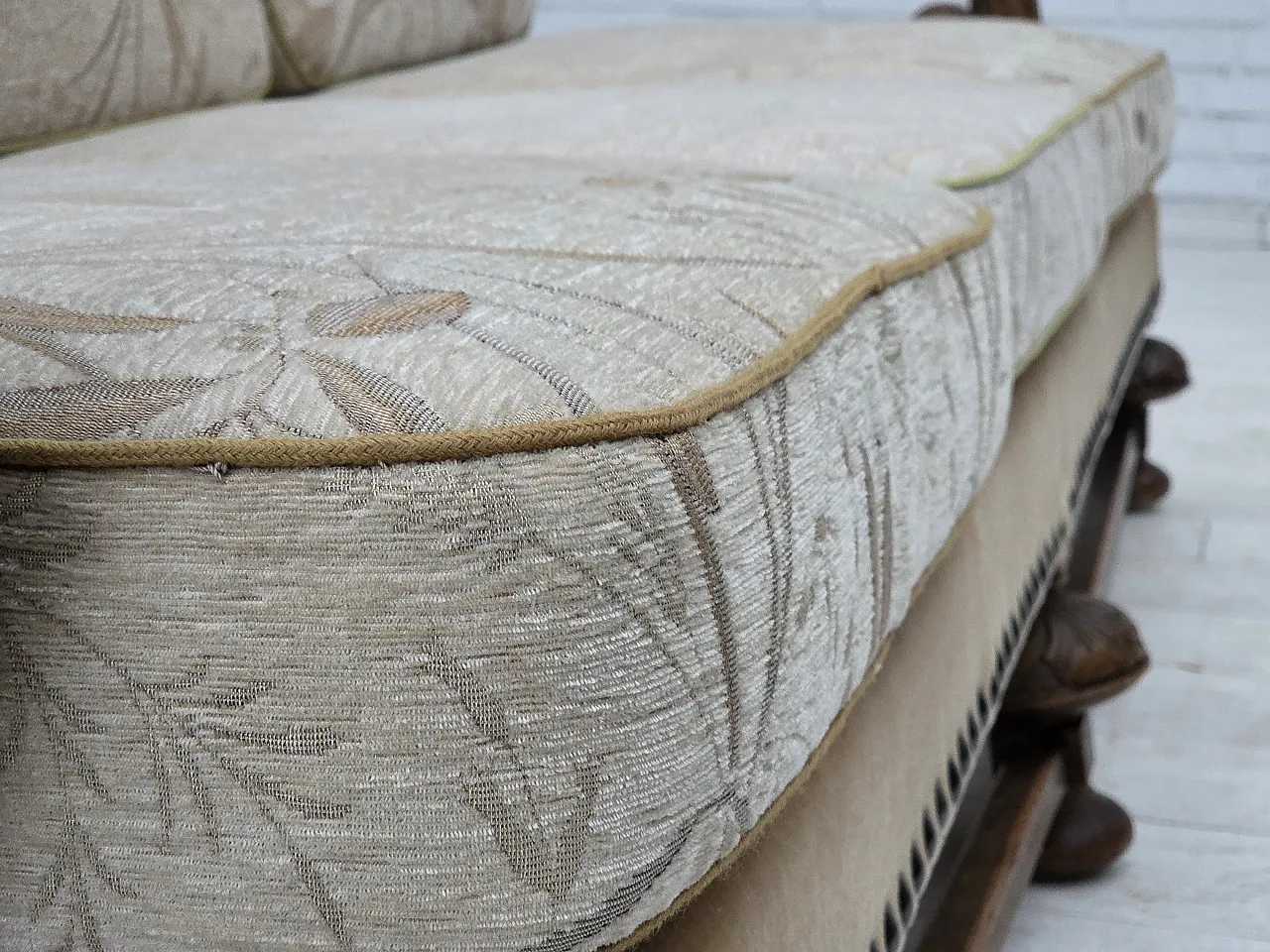 Danish 3-seater sofa, fabric, carved oak wood, 1960s 15