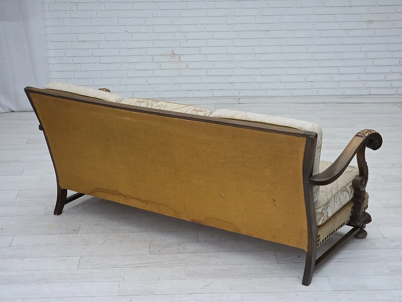 Danish 3-seater sofa, fabric, carved oak wood, 1960s 18