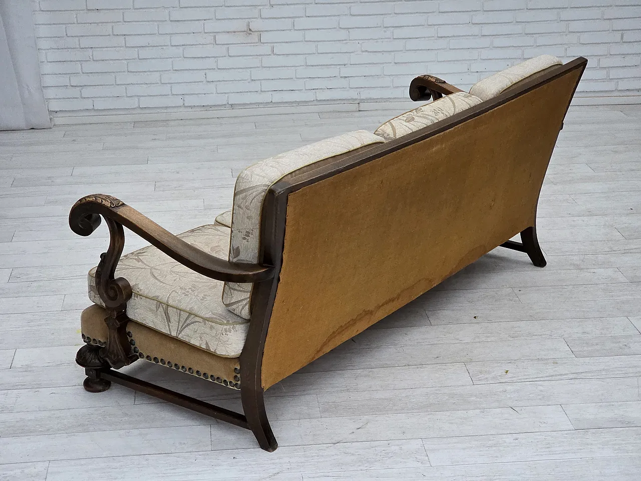 Danish 3-seater sofa, fabric, carved oak wood, 1960s 21