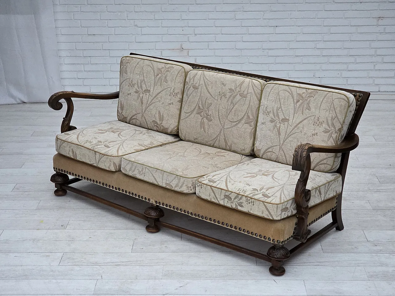 Danish 3-seater sofa, fabric, carved oak wood, 1960s 23