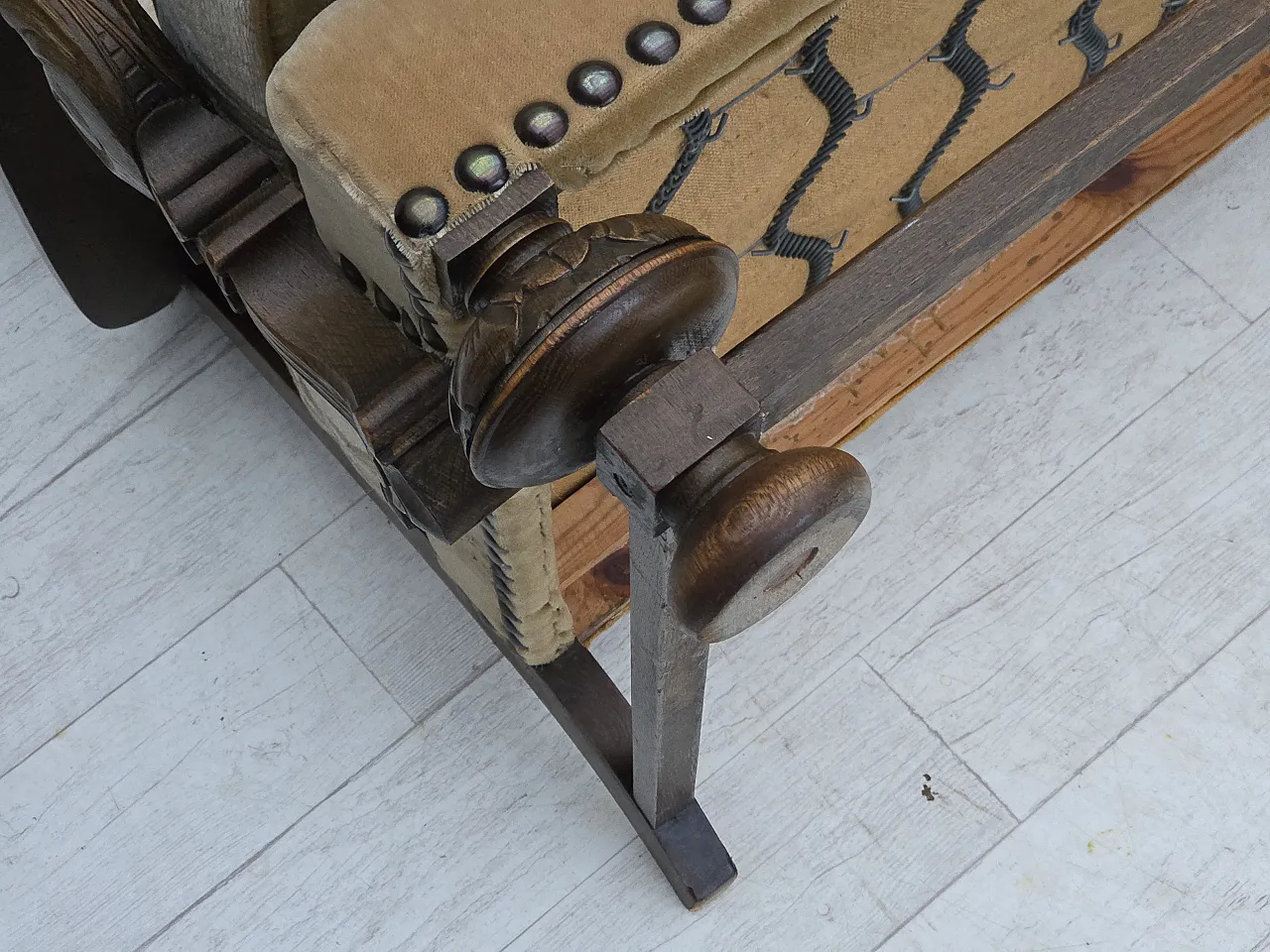 Danish 3-seater sofa, fabric, carved oak wood, 1960s 25