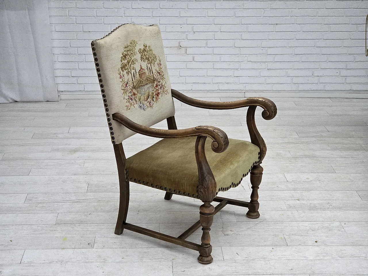 Poltrona danese lana intrecciata, velluto, legno di quercia, anni '50 2