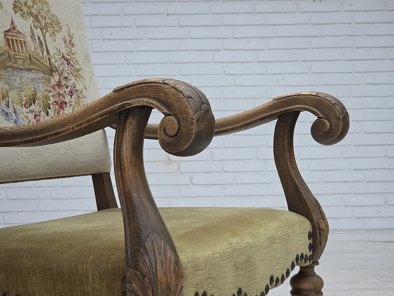 Poltrona danese lana intrecciata, velluto, legno di quercia, anni '50 3