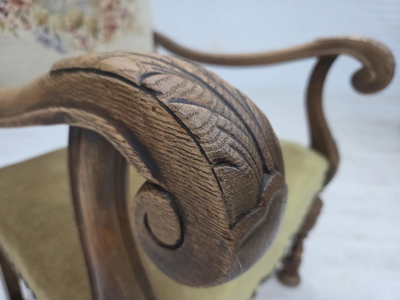 Poltrona danese lana intrecciata, velluto, legno di quercia, anni '50 7