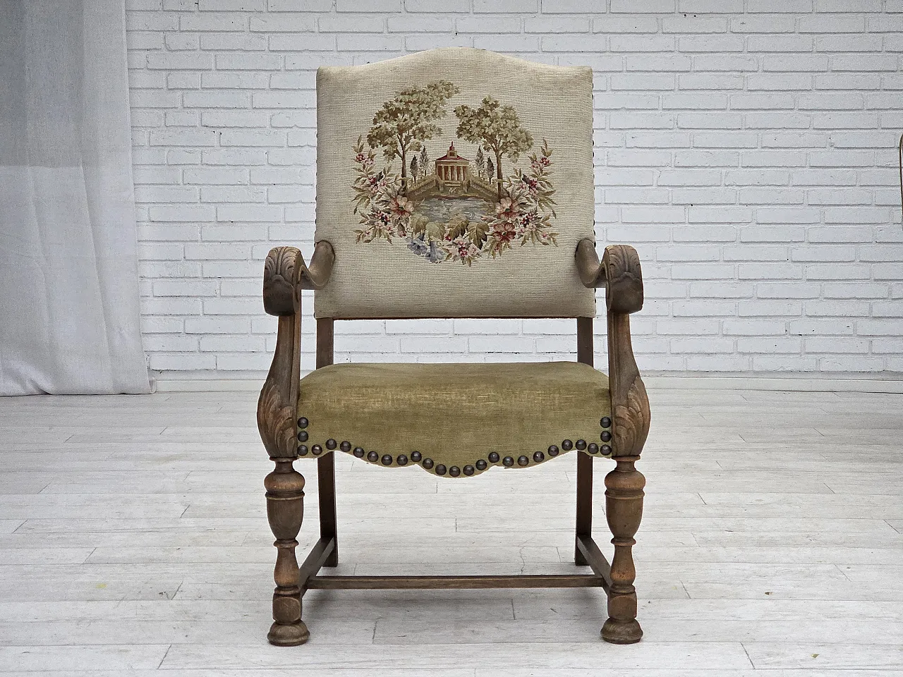 Poltrona danese lana intrecciata, velluto, legno di quercia, anni '50 8