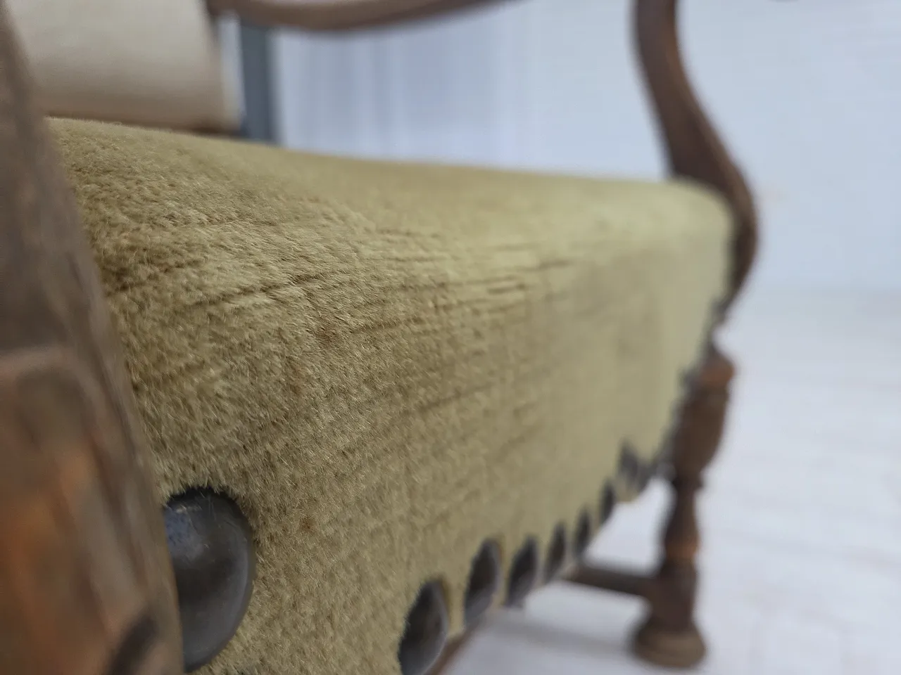 Poltrona danese lana intrecciata, velluto, legno di quercia, anni '50 10