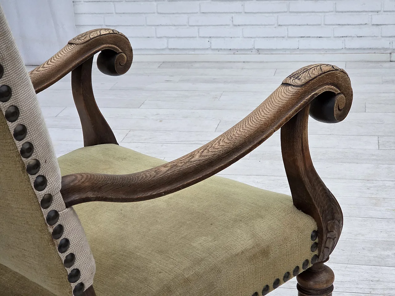 Poltrona danese lana intrecciata, velluto, legno di quercia, anni '50 12