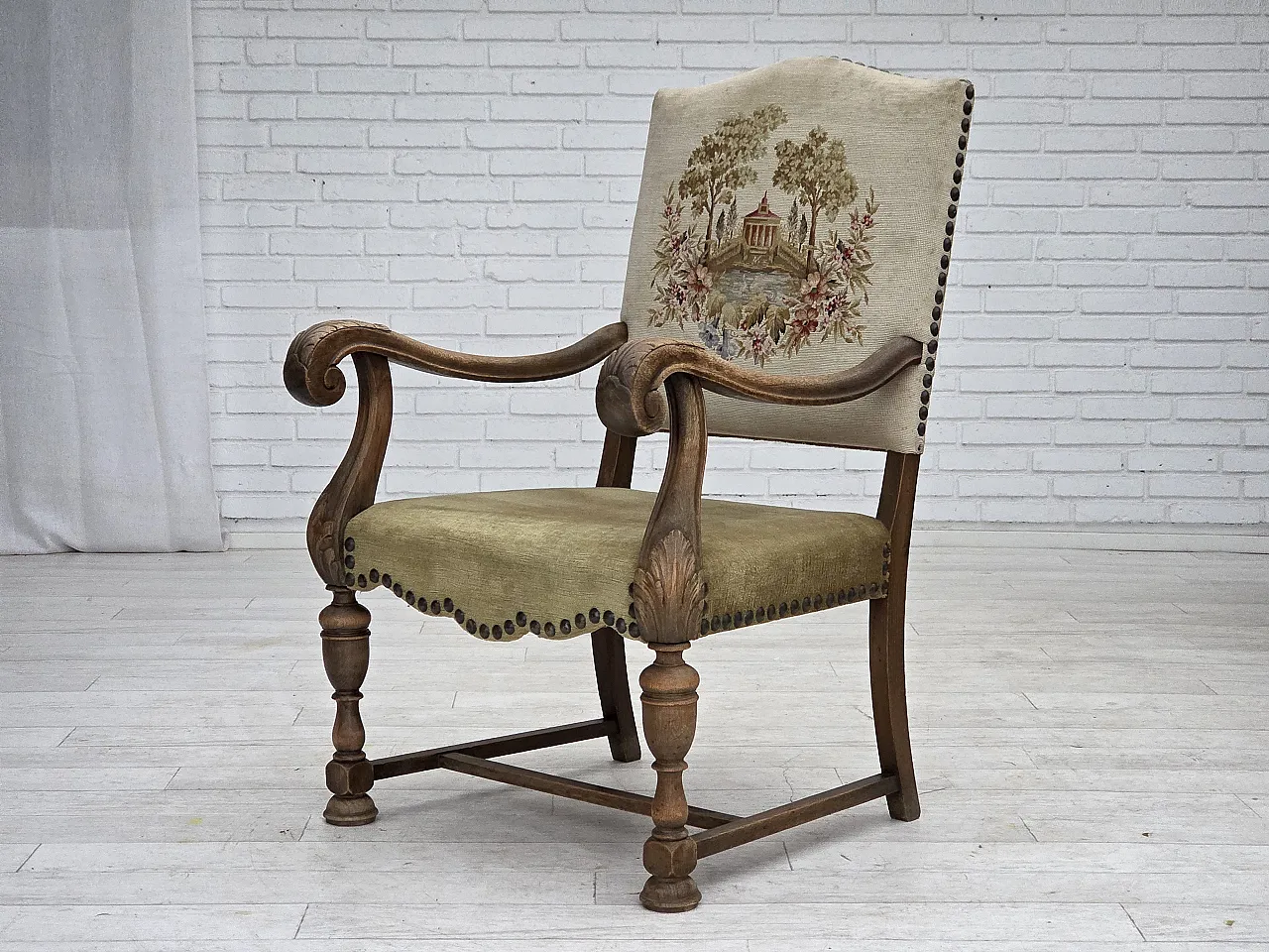 Poltrona danese lana intrecciata, velluto, legno di quercia, anni '50 16