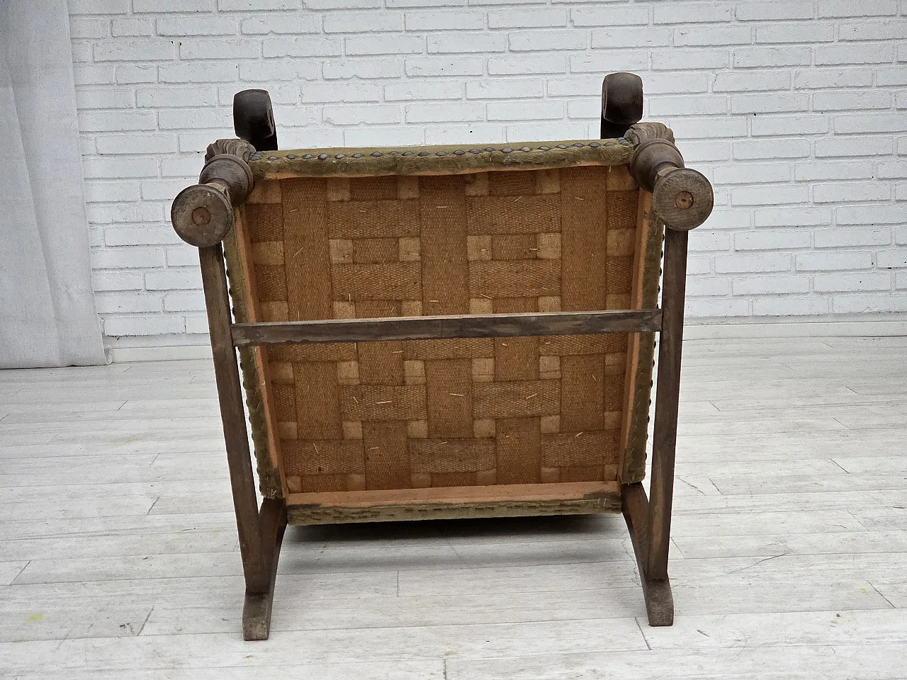 Poltrona danese lana intrecciata, velluto, legno di quercia, anni '50 18