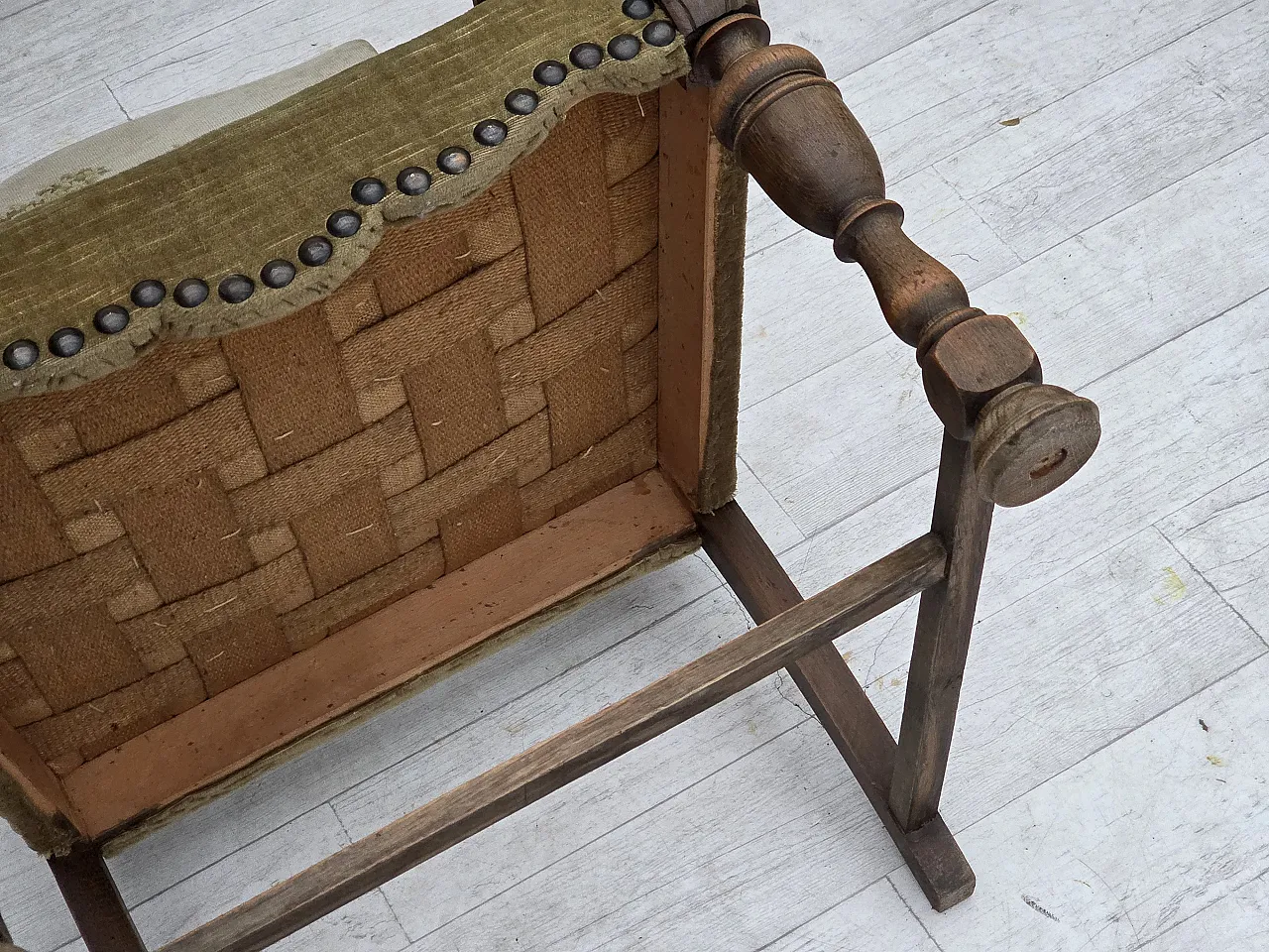 Poltrona danese lana intrecciata, velluto, legno di quercia, anni '50 19