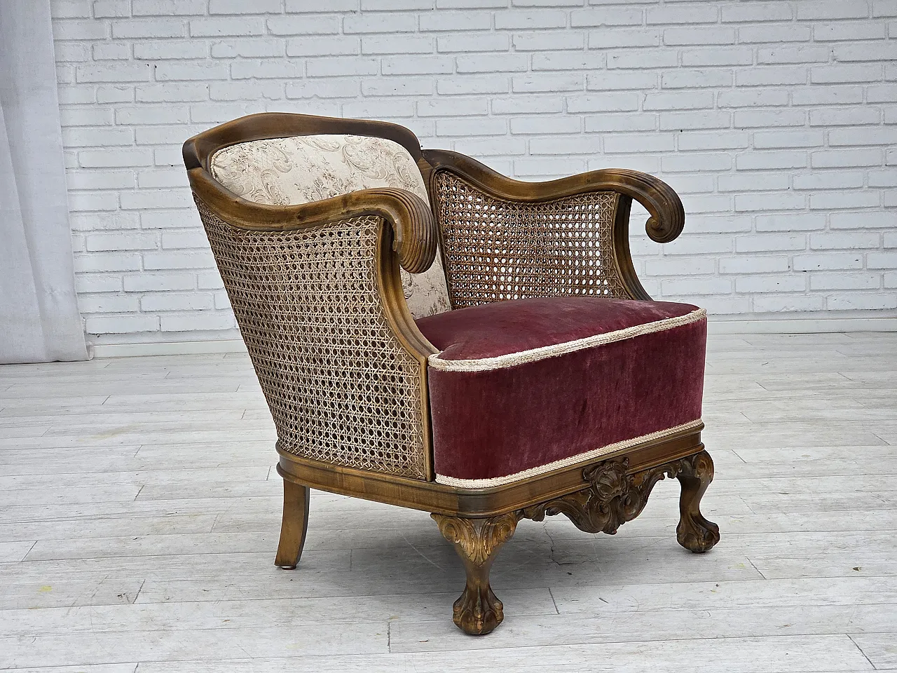 Poltrona danese, lana intrecciata, velluto e quercia, anni '40 2