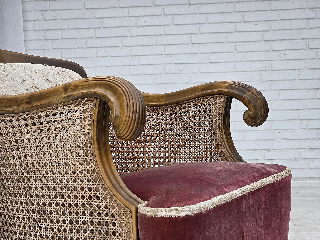 Poltrona danese, lana intrecciata, velluto e quercia, anni '40 4