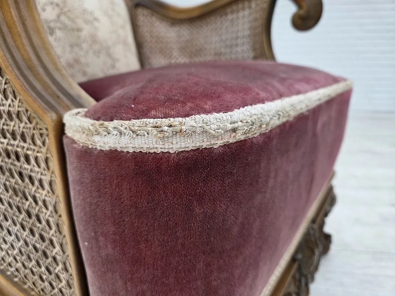 Poltrona danese, lana intrecciata, velluto e quercia, anni '40 5