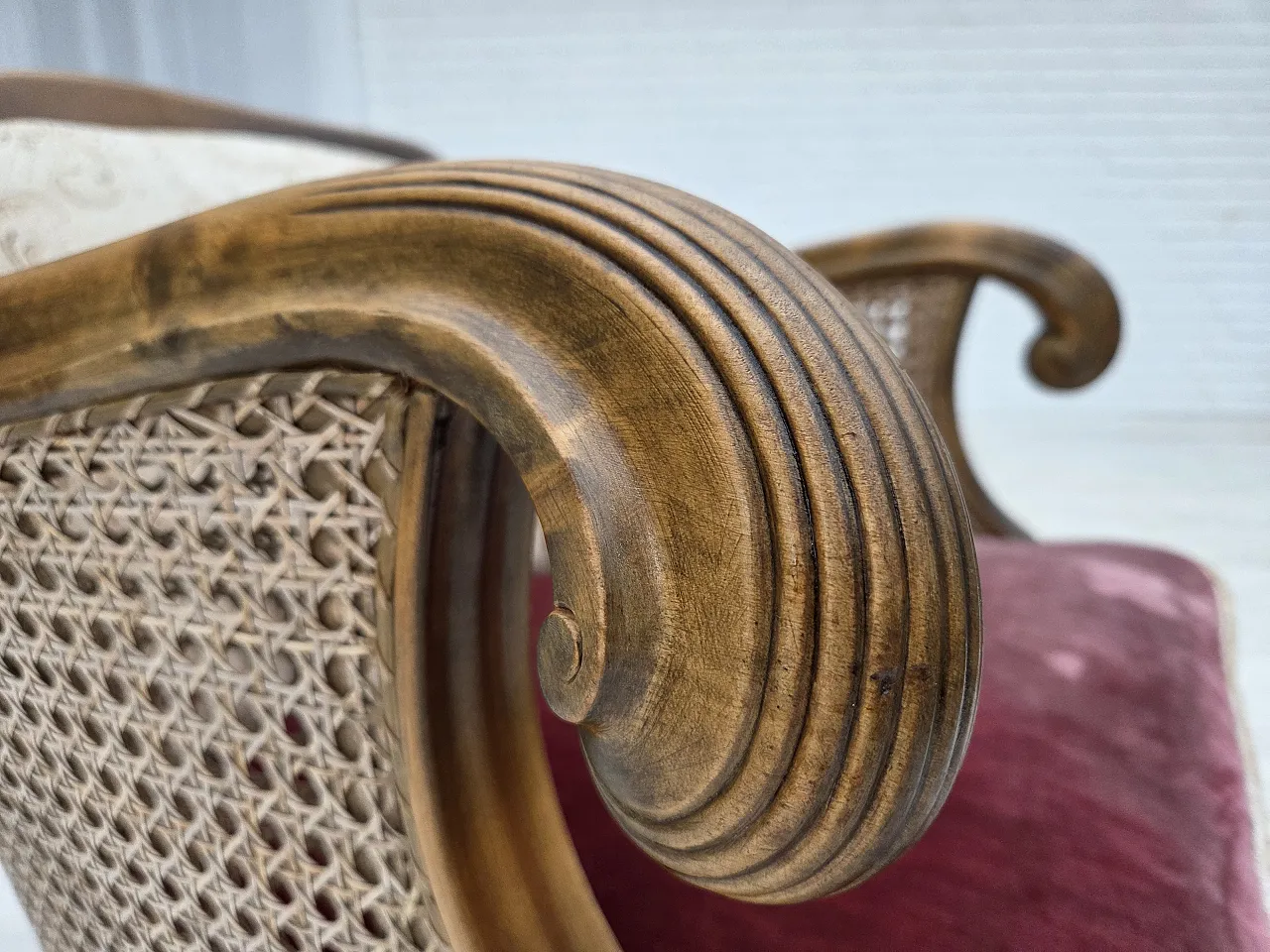 Poltrona danese, lana intrecciata, velluto e quercia, anni '40 6