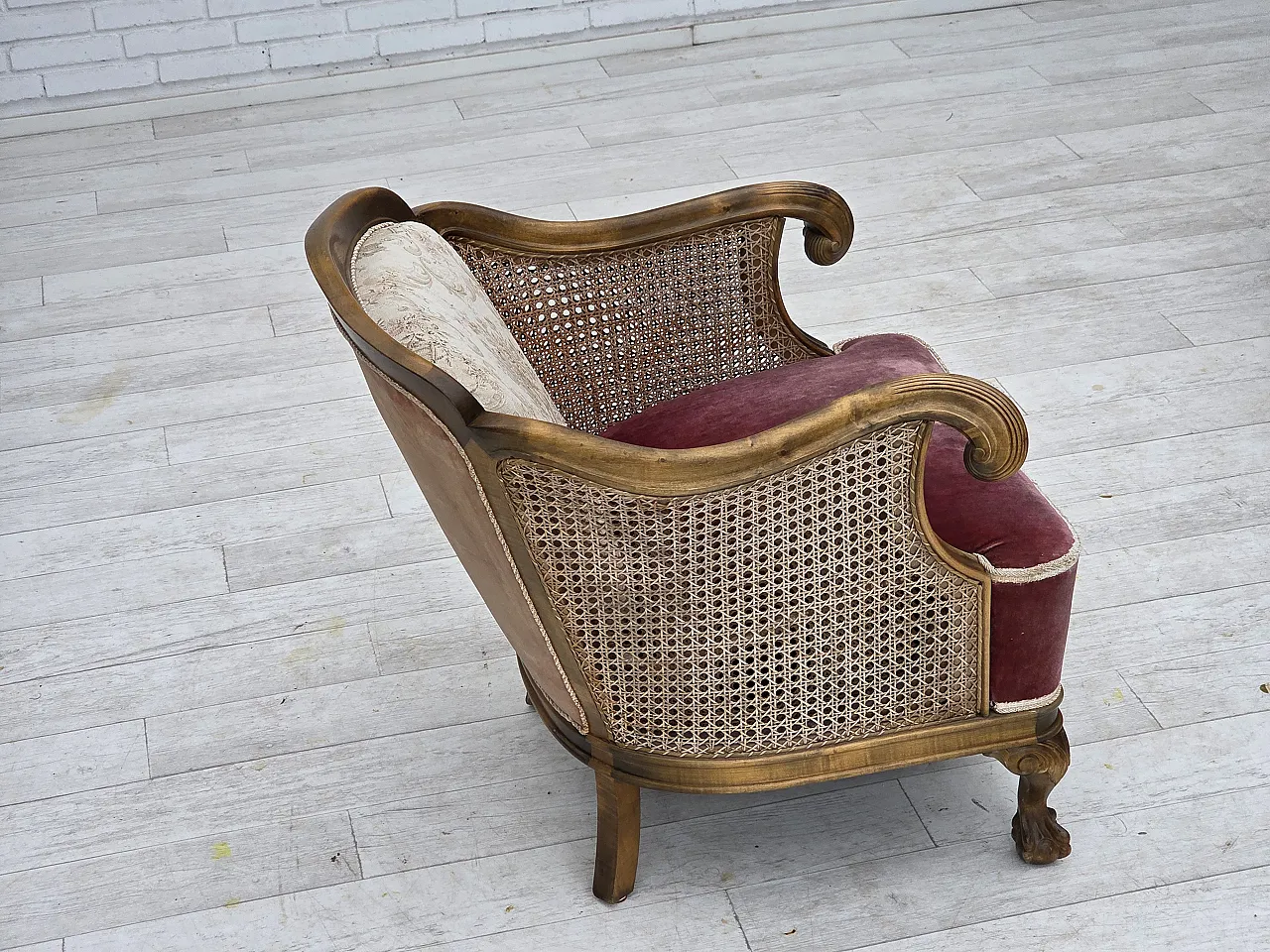 Poltrona danese, lana intrecciata, velluto e quercia, anni '40 12