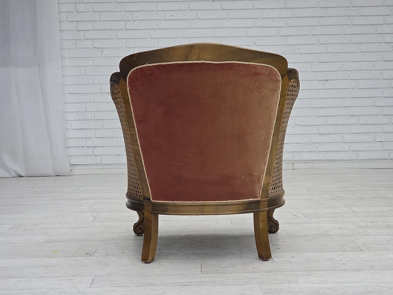 Poltrona danese, lana intrecciata, velluto e quercia, anni '40 15