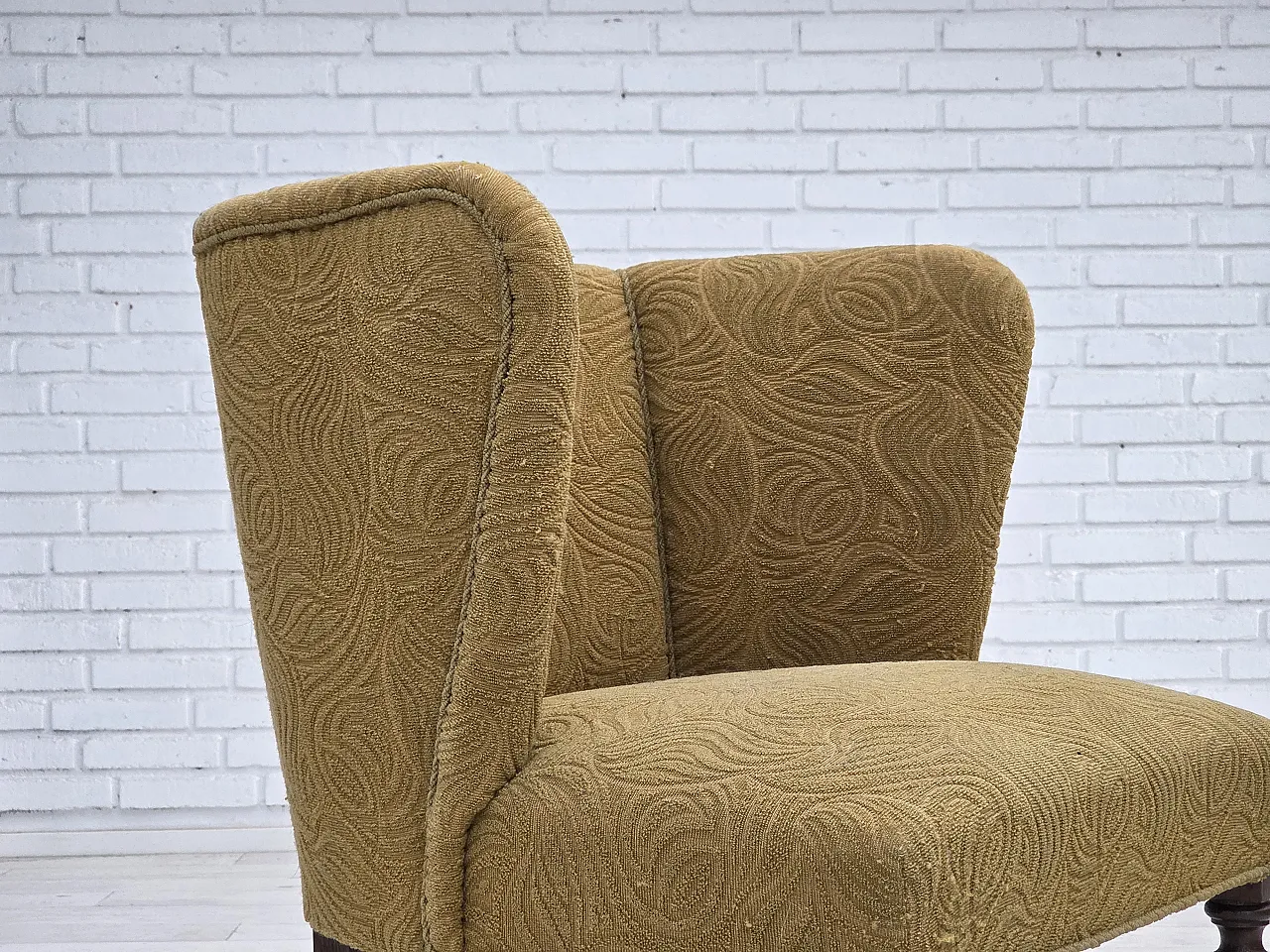 Poltrona lounge danese in velluto/lana, rovere scuro, anni '50 4